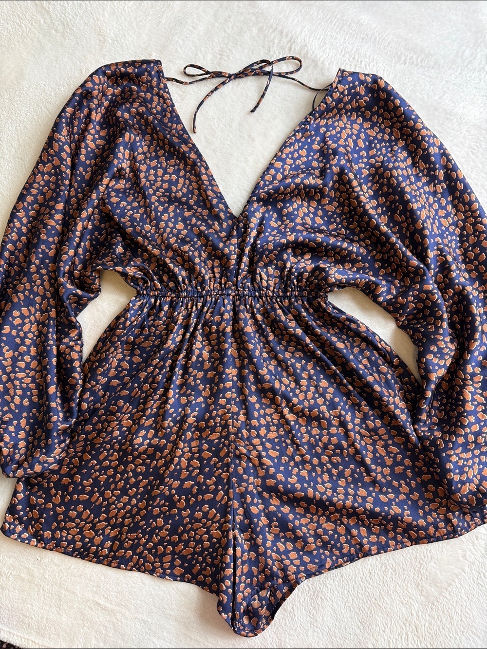 Glam Navy & Copper Leopard Print Long Sleeve Romper Open Back Boho Playsuit NWT - Picture 14 of 14